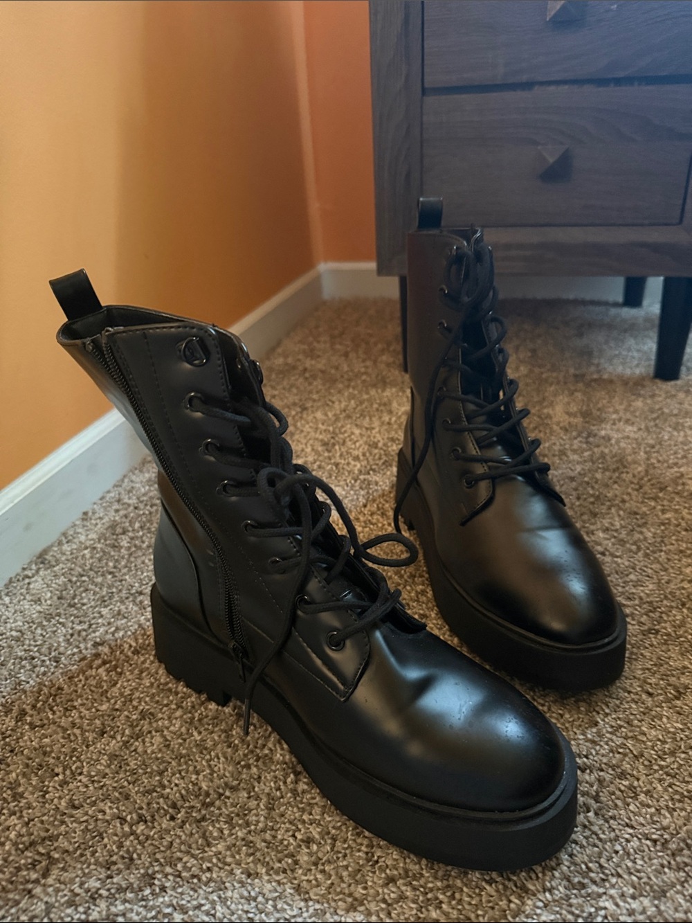 Primark Black Lace-Up Platform Combat Boots with Side Zip